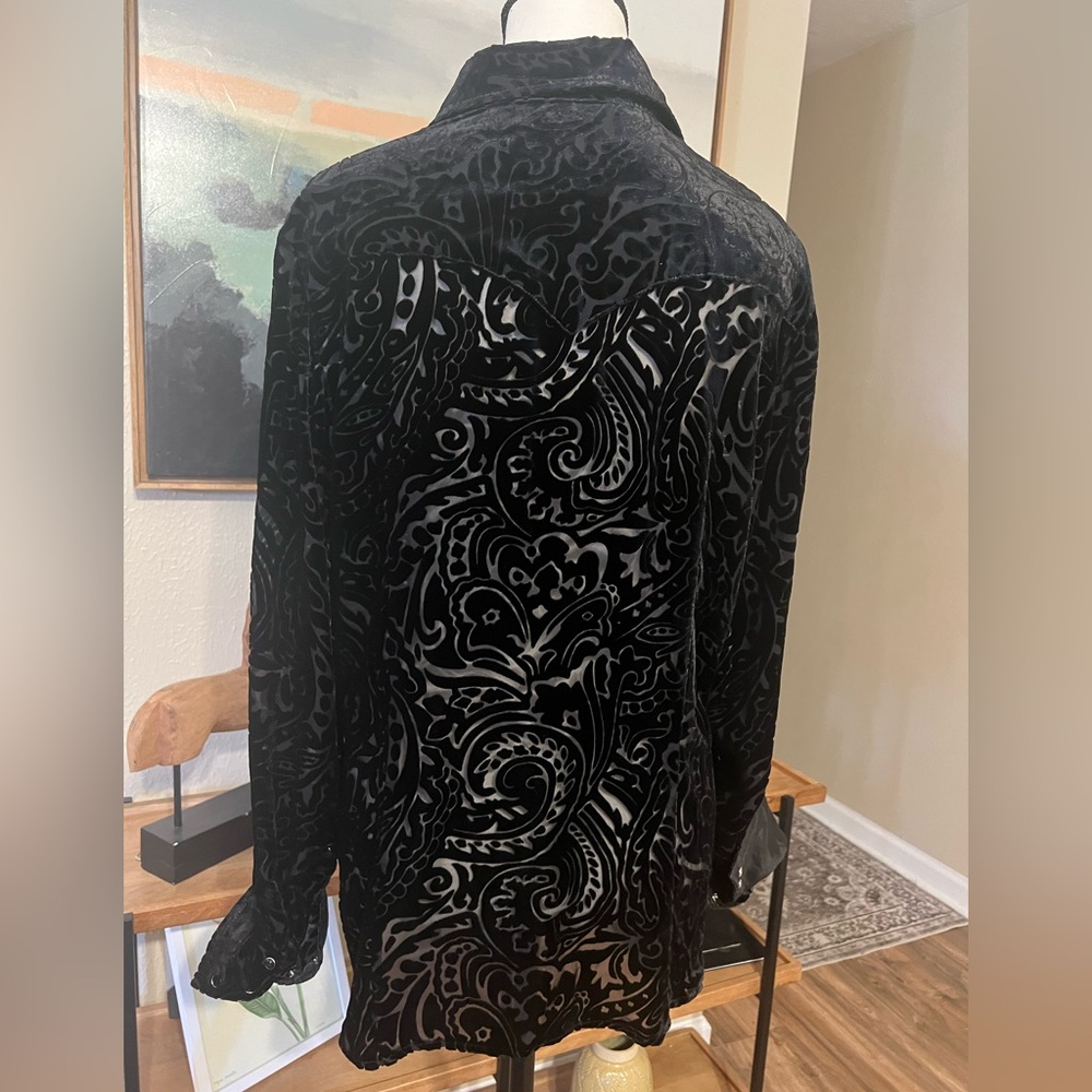 Roper Black Silk Blend Velvet Flocked Mesh Paisley Western Pearl Snap Shirt L - Picture 5 of 9